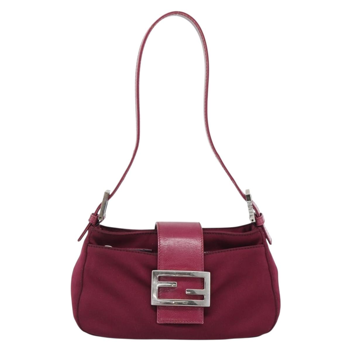 FENDI Mamma Baguette Shoulder Bag Cotton Wine Red Silver Auth mr2598