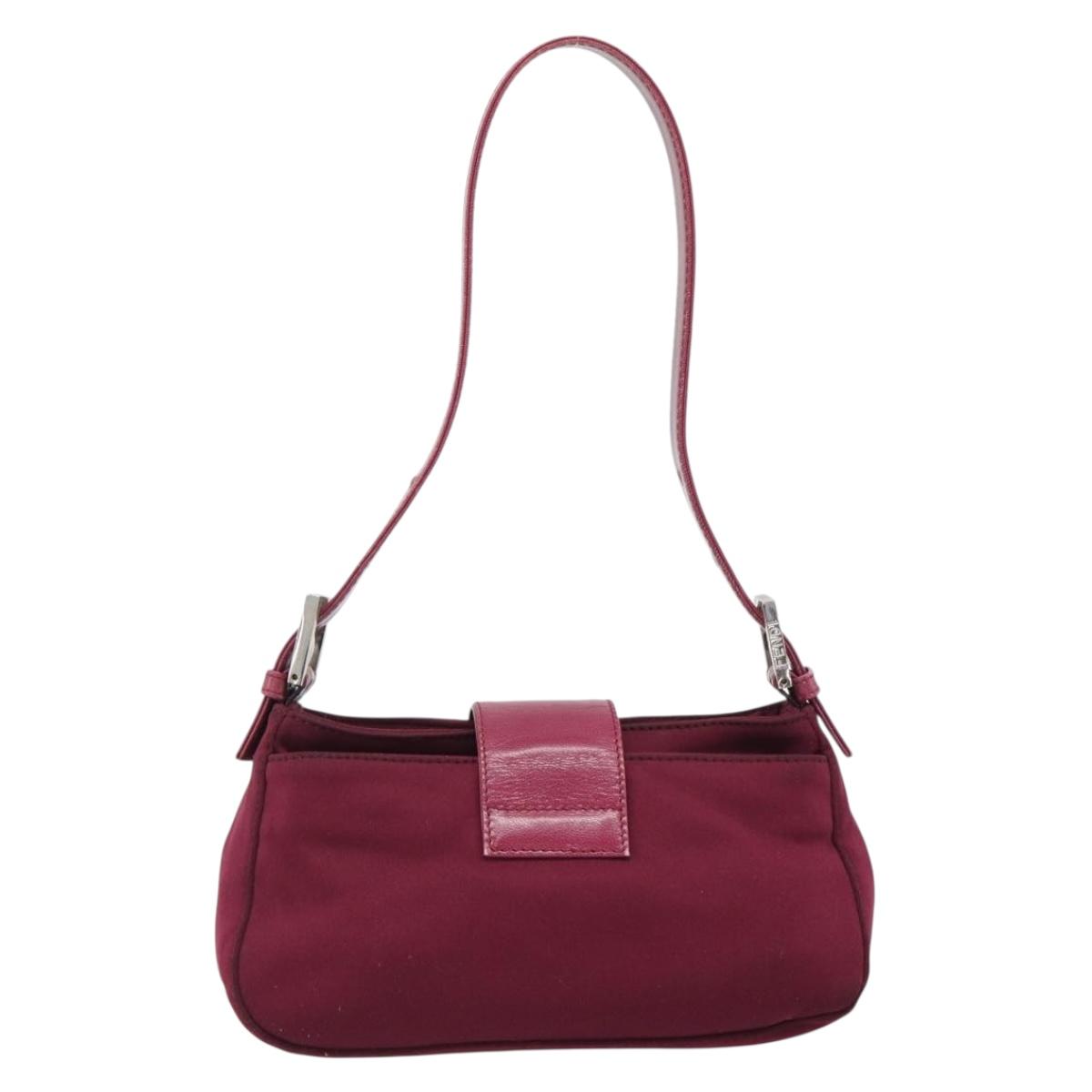 FENDI Mamma Baguette Shoulder Bag Cotton Wine Red Silver Auth mr2598