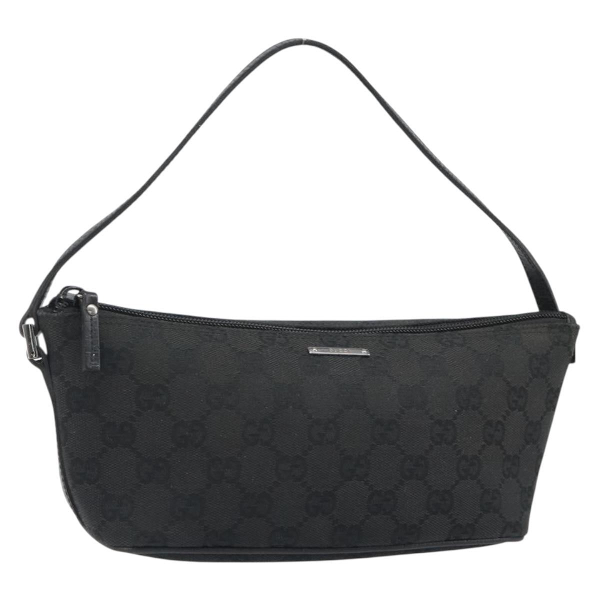 GUCCI GG Canvas Hand Pouch Black Silver 07198 Auth mr2600A