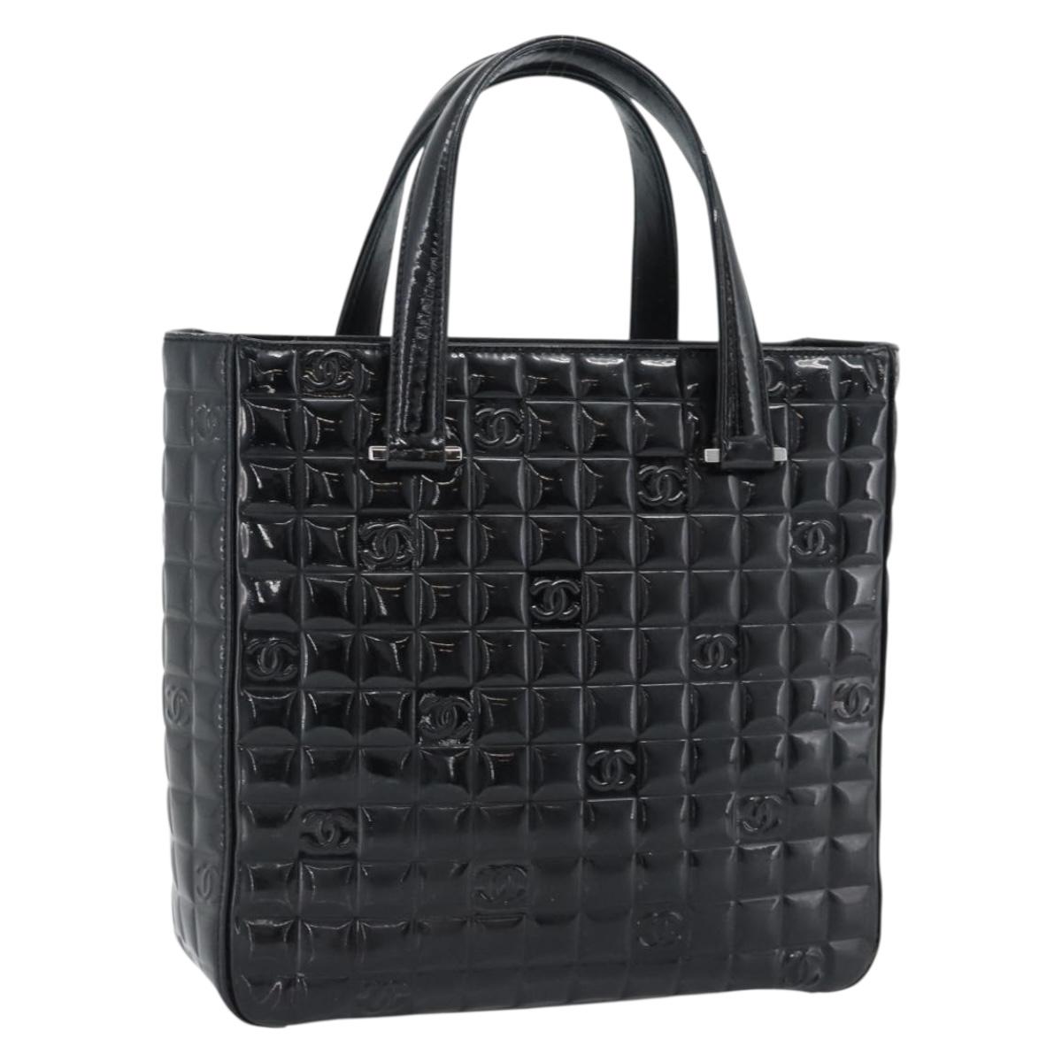 CHANEL Hand Bag Patent Leather Black Silver CC Auth mr2603A