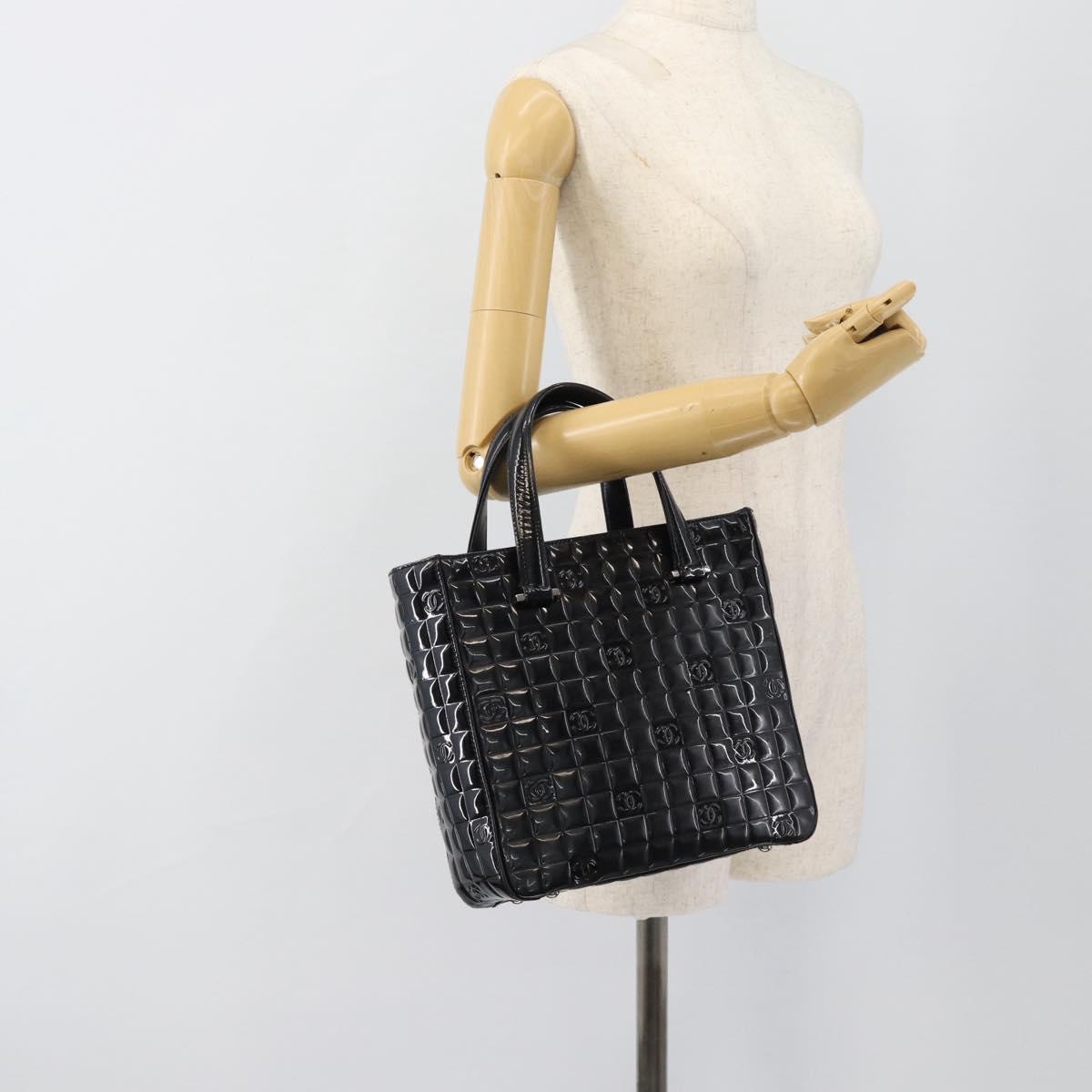 CHANEL Hand Bag Patent Leather Black Silver CC Auth mr2603A