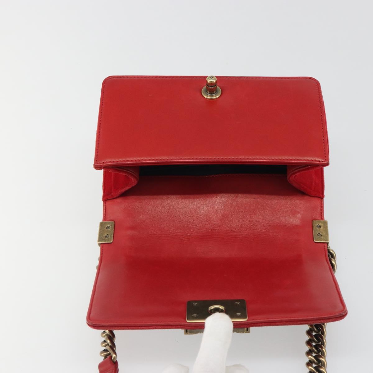 CHANEL Boy Chanel Chain Shoulder Bag Velor Red Gold CC Auth mr2605SAV