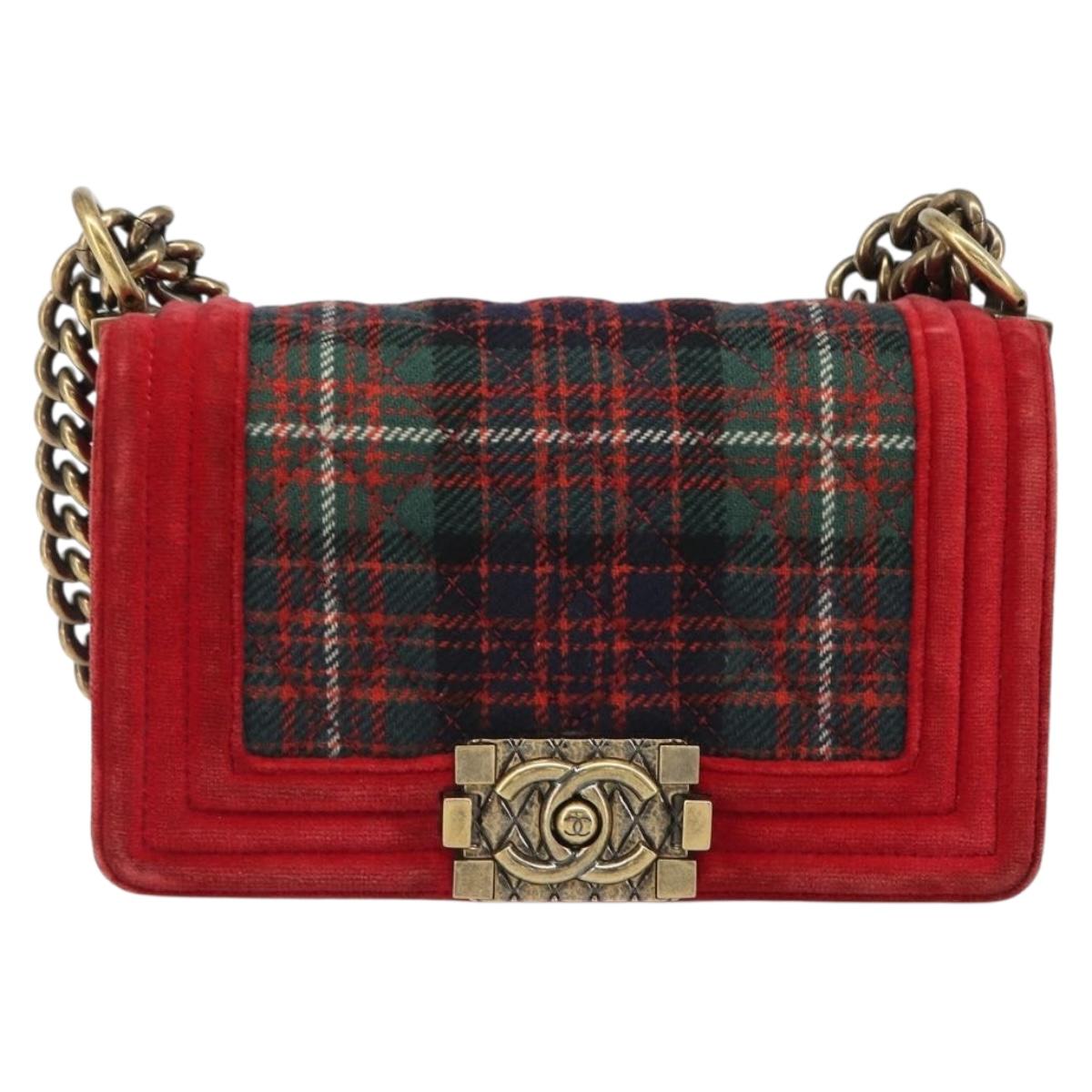 CHANEL Boy Chanel Chain Shoulder Bag Velor Red Gold CC Auth mr2605SAV