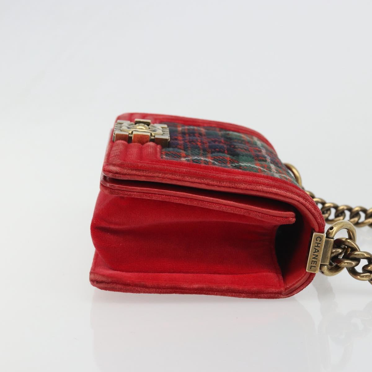 CHANEL Boy Chanel Chain Shoulder Bag Velor Red Gold CC Auth mr2605SAV