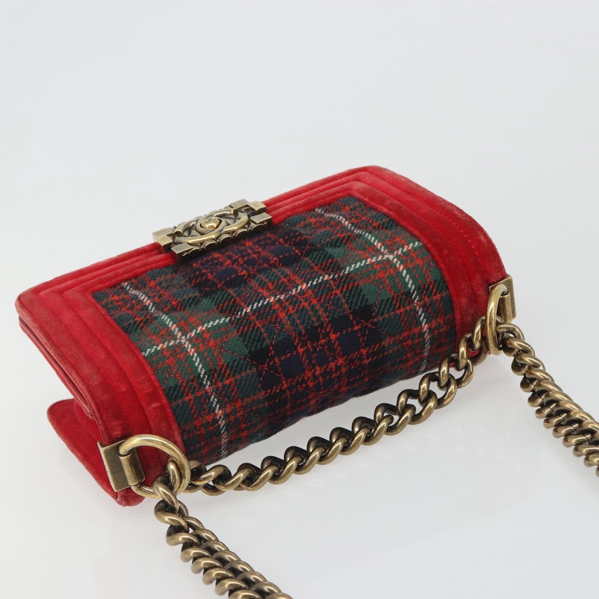 CHANEL Boy Chanel Chain Shoulder Bag Velor Red Gold CC Auth mr2605SAV