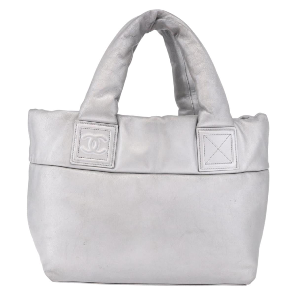 CHANEL Cococoon Tote Bag Leather Silver CC Auth mr2607