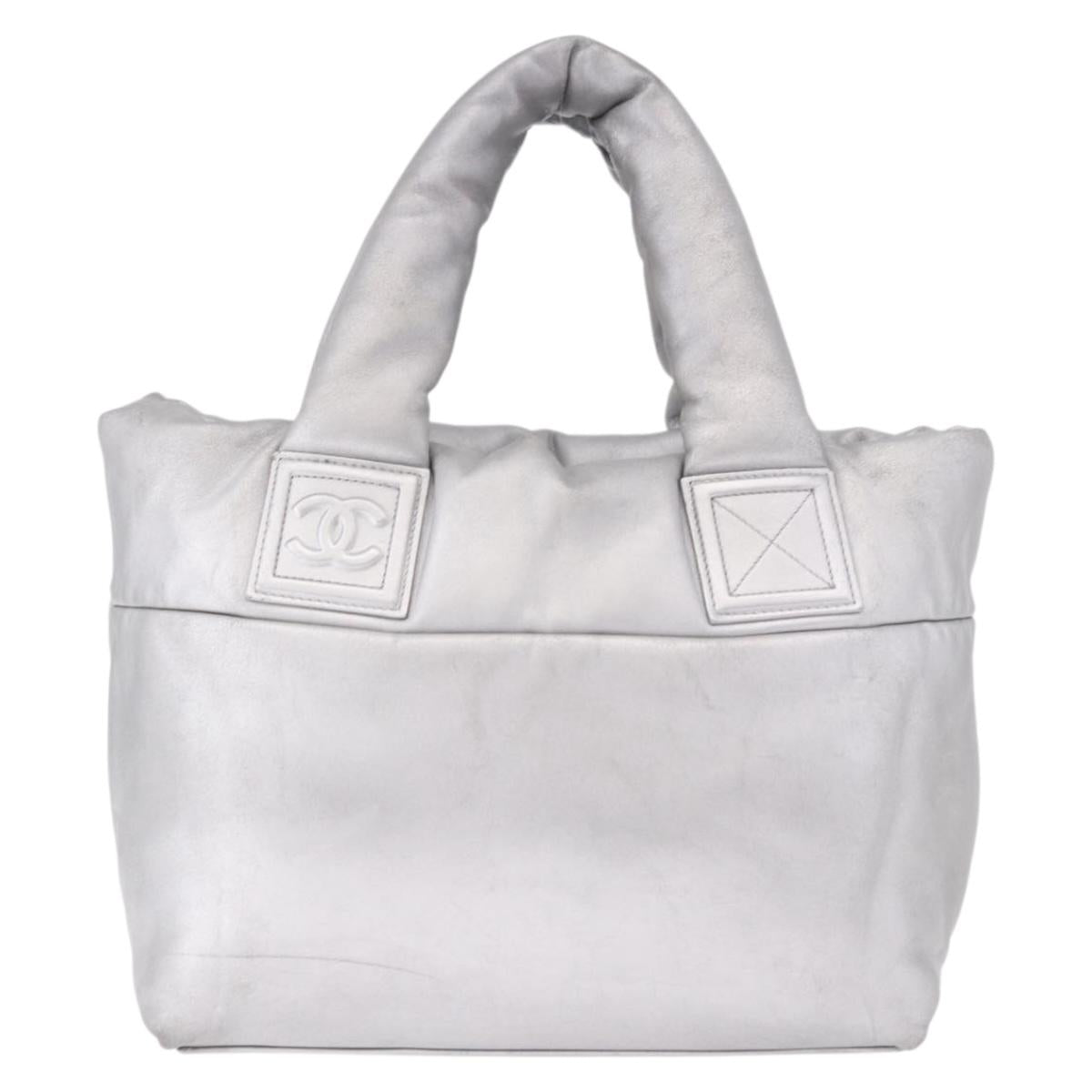CHANEL Cococoon Tote Bag Leather Silver CC Auth mr2607