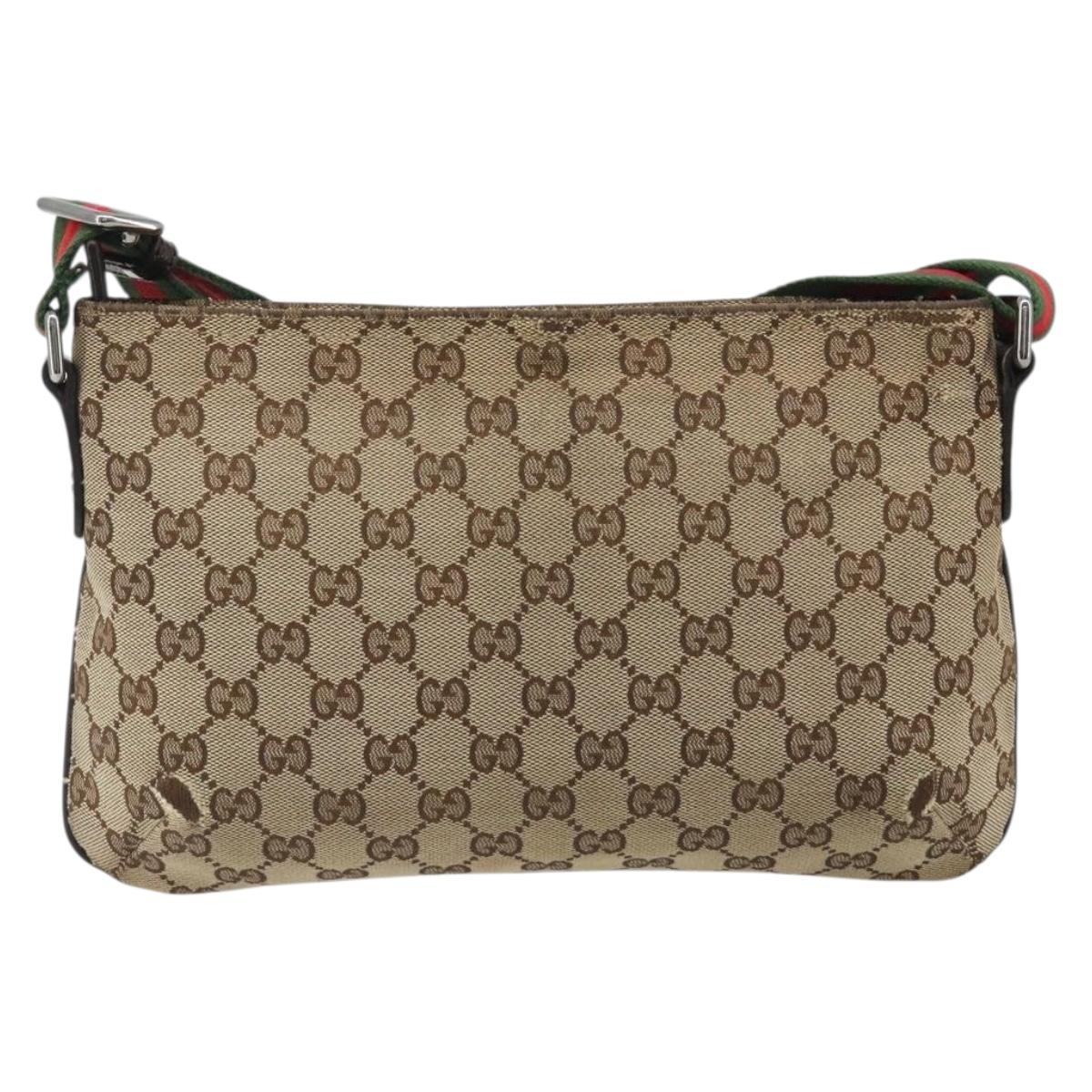 GUCCI GG Canvas Web Sherry Line Shoulder Bag Beige Silver 189749 Auth mr2613