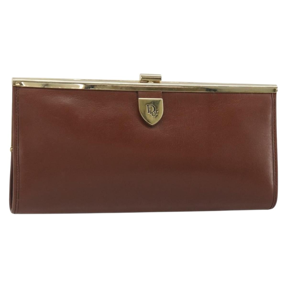 Christian Dior Clutch Bag Leather Brown gold Auth mr2617A