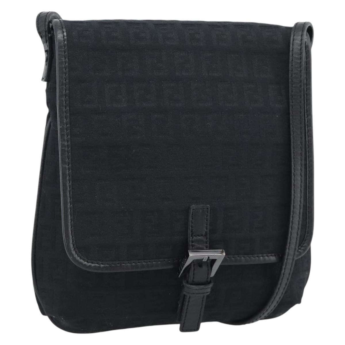 FENDI Zucchino Canvas Shoulder Bag Black Silver Auth mr2656