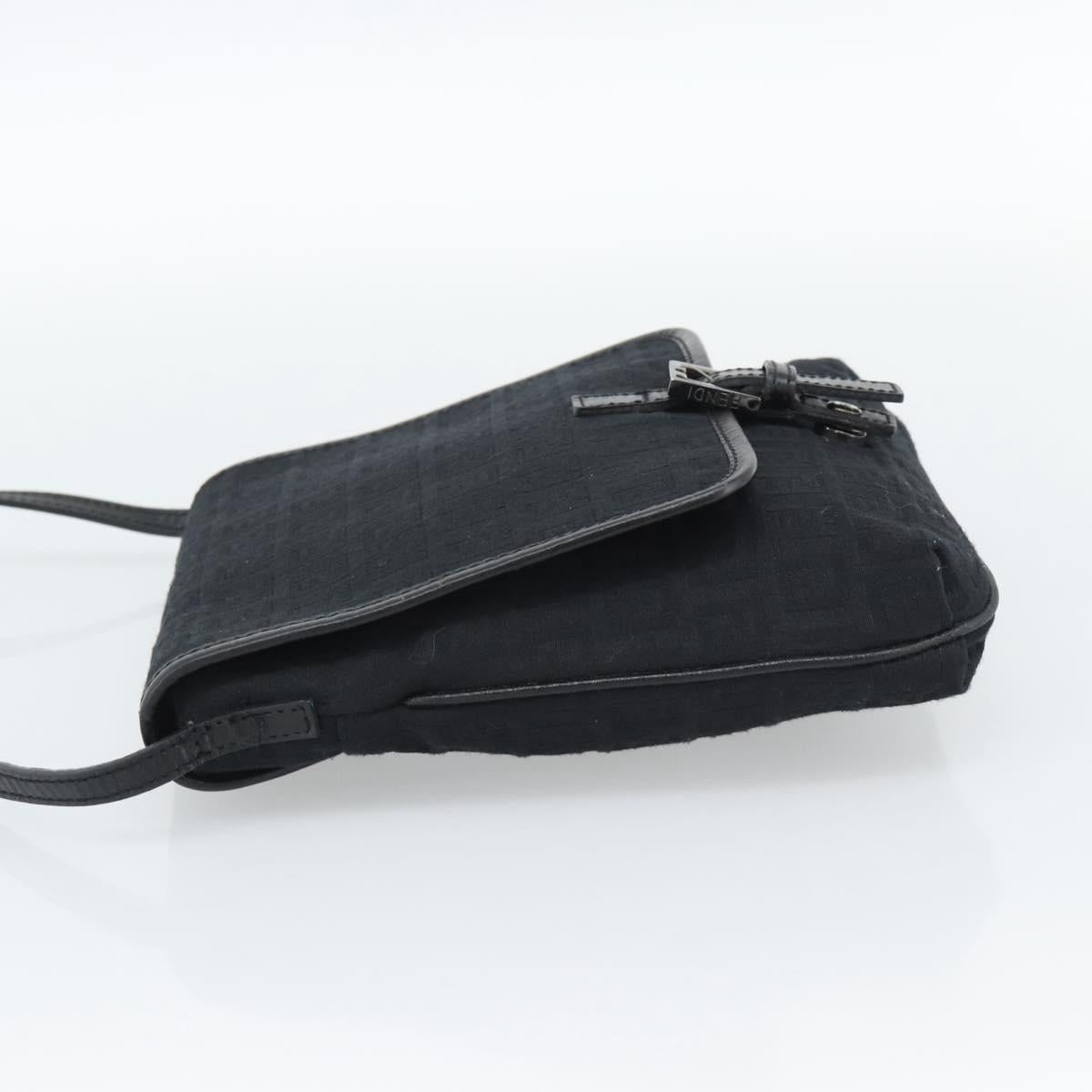 FENDI Zucchino Canvas Shoulder Bag Black Silver Auth mr2656