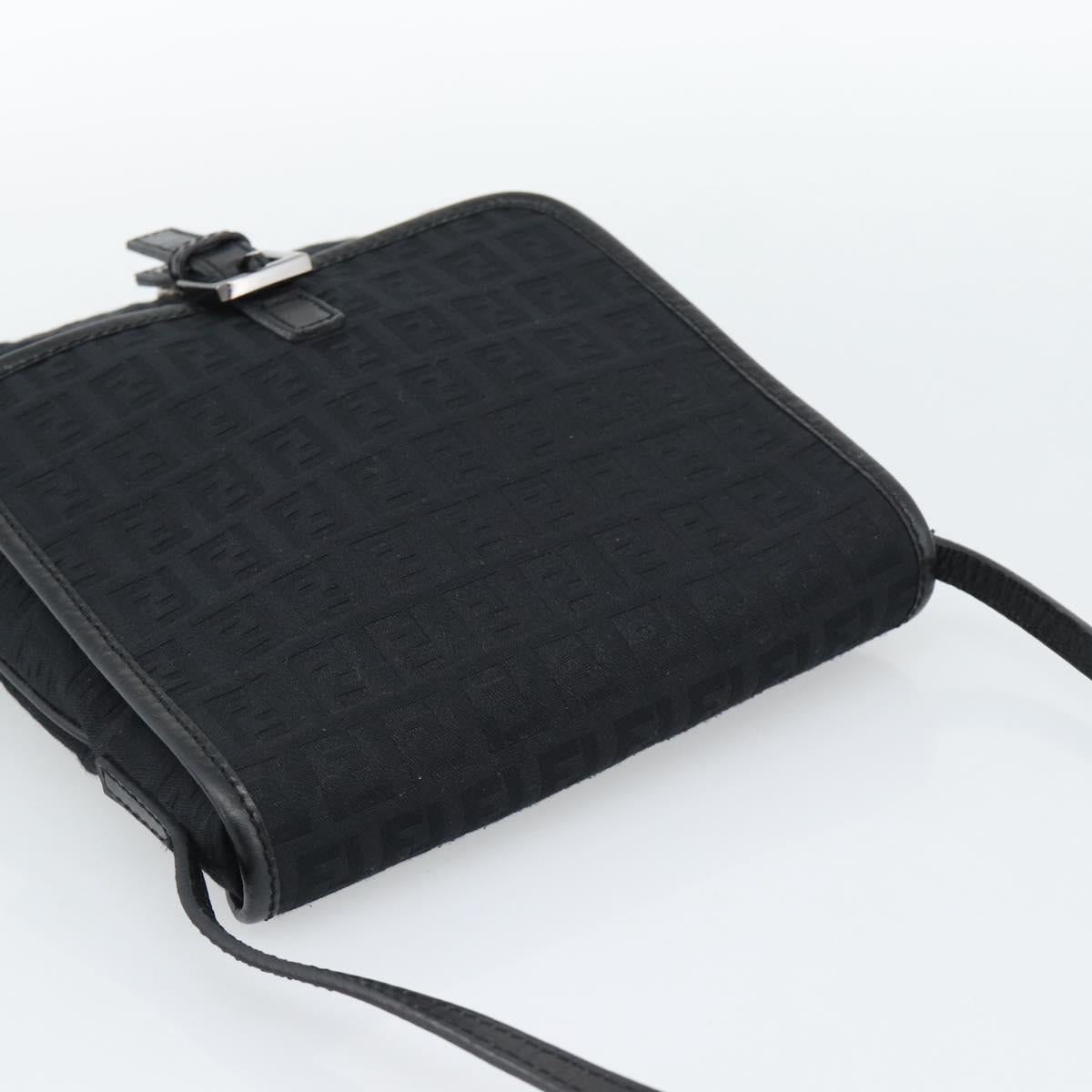 FENDI Zucchino Canvas Shoulder Bag Black Silver Auth mr2656