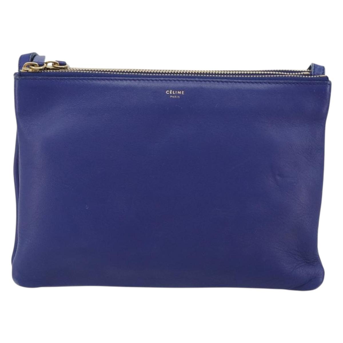 CELINE Trio Shoulder Bag Leather Blue Gold Auth mr2667