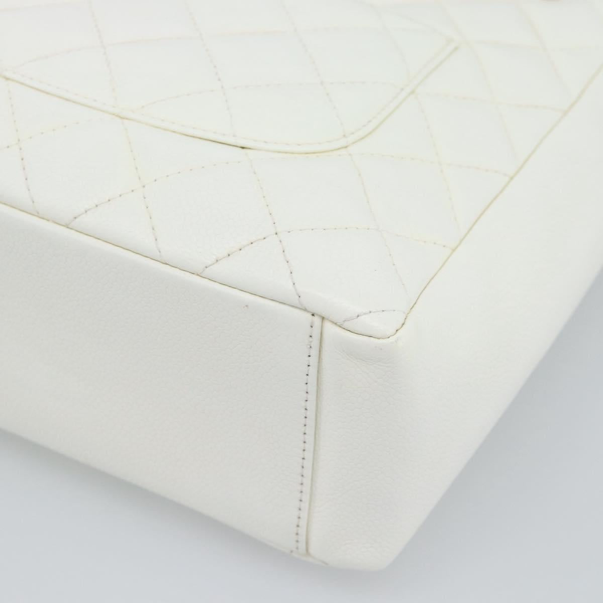 CHANEL Chain Shoulder Bag Caviar Skin White Gold CC Auth mr2704