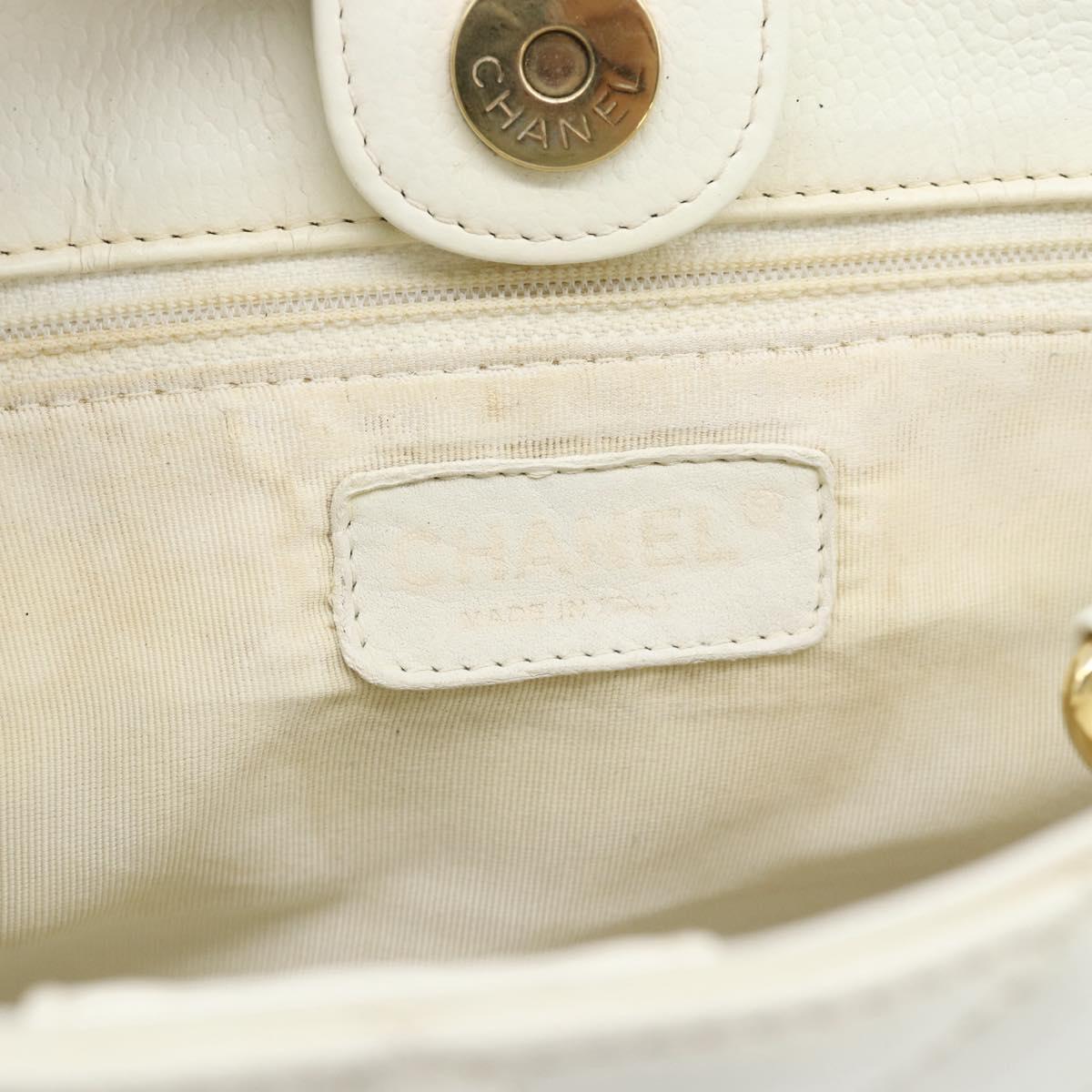 CHANEL Chain Shoulder Bag Caviar Skin White Gold CC Auth mr2704