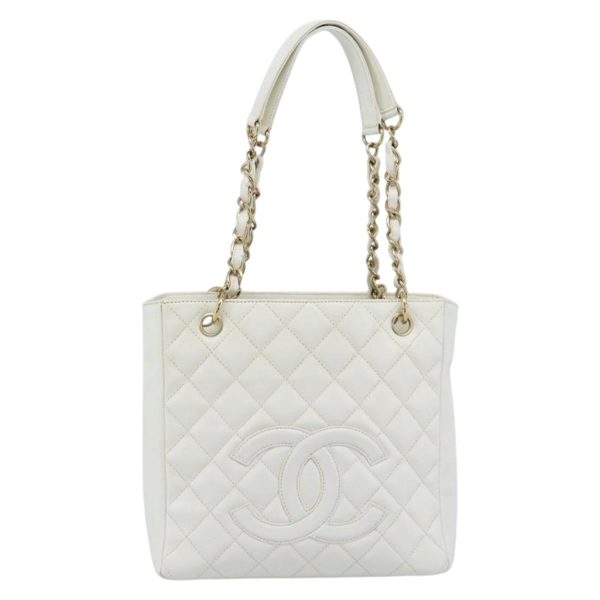 CHANEL Chain Shoulder Bag Caviar Skin White Gold CC Auth mr2704