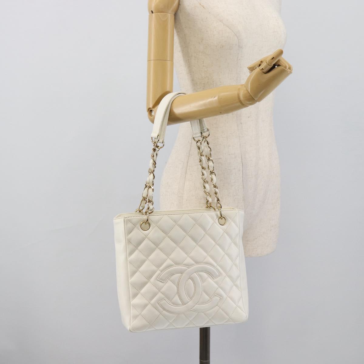 CHANEL Chain Shoulder Bag Caviar Skin White Gold CC Auth mr2704