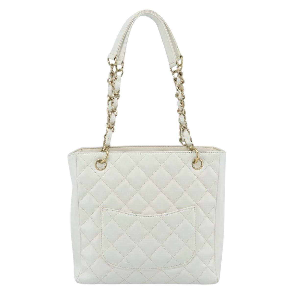 CHANEL Chain Shoulder Bag Caviar Skin White Gold CC Auth mr2704