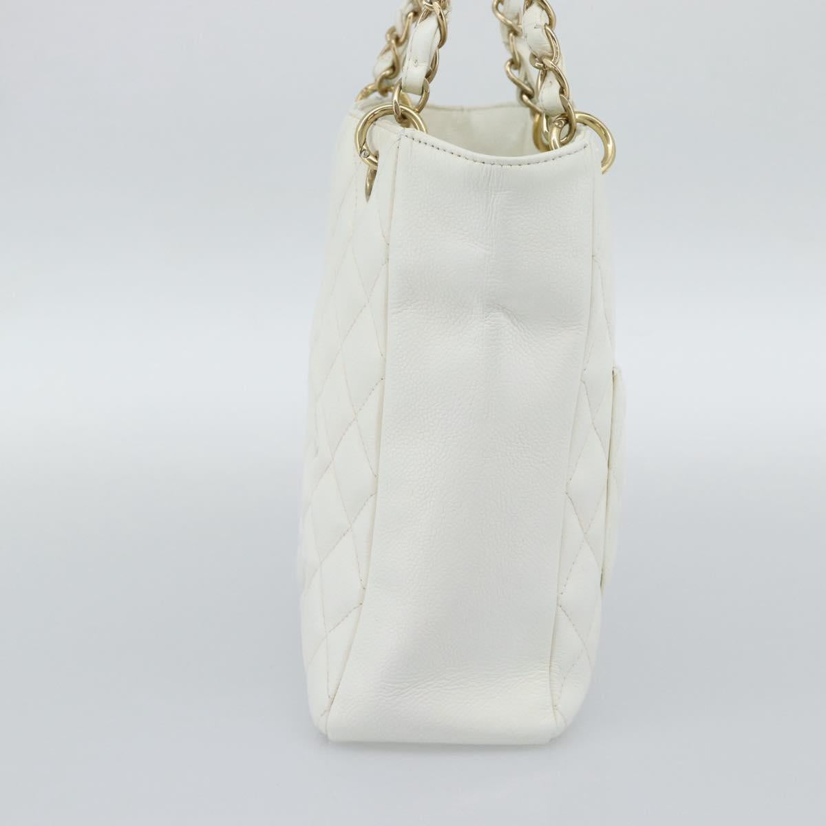 CHANEL Chain Shoulder Bag Caviar Skin White Gold CC Auth mr2704