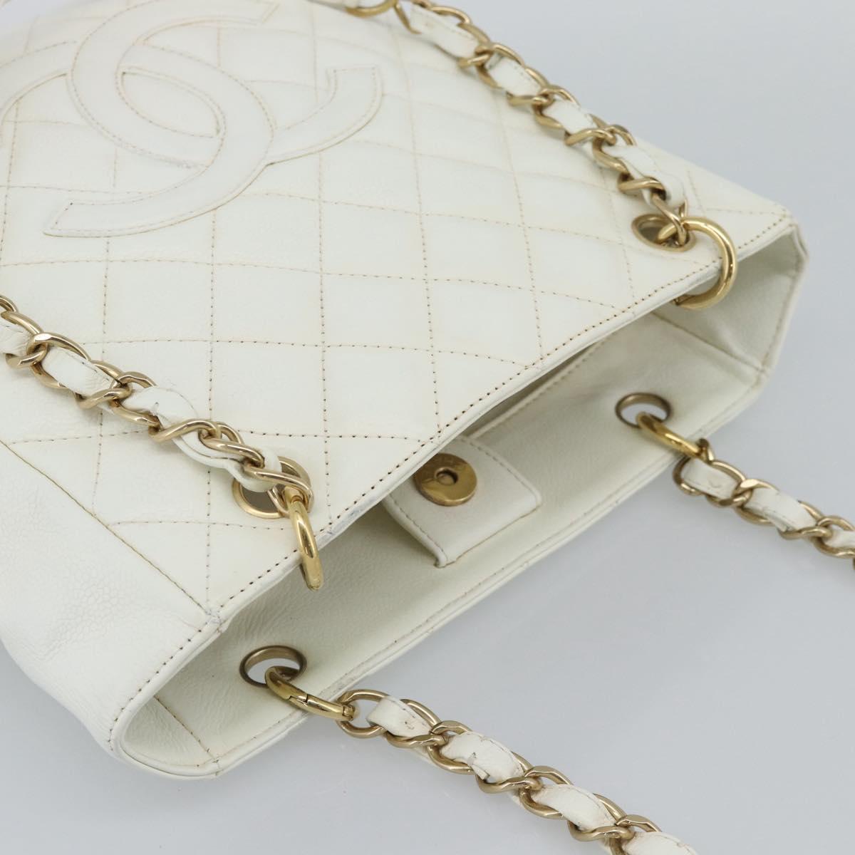 CHANEL Chain Shoulder Bag Caviar Skin White Gold CC Auth mr2704