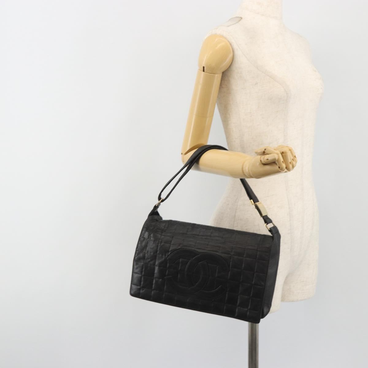 CHANEL Choco Bar Line Shoulder Bag Leather Black Silver CC Auth mr2705
