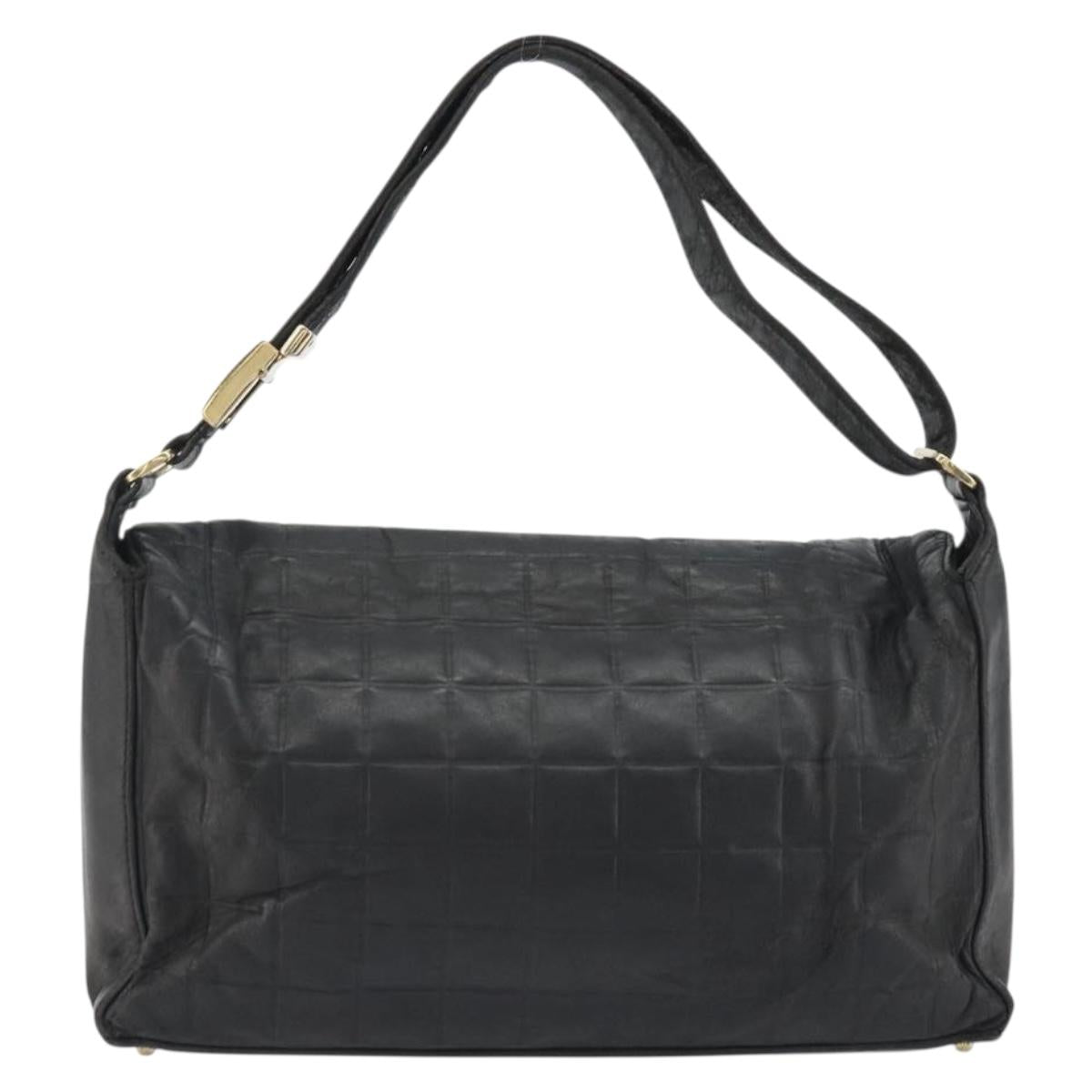 CHANEL Choco Bar Line Shoulder Bag Leather Black Silver CC Auth mr2705