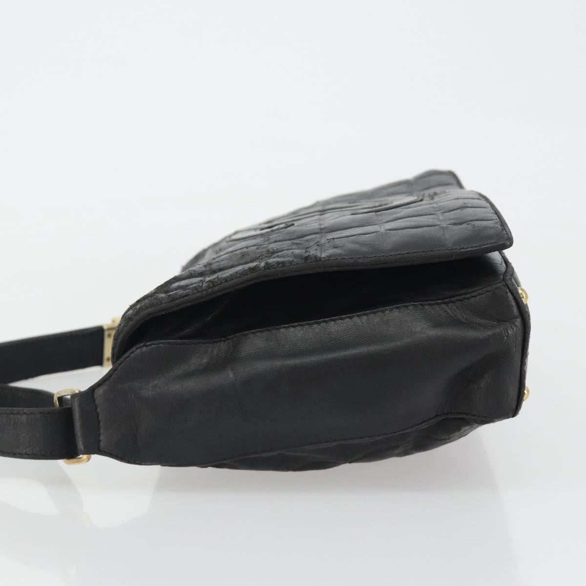 CHANEL Choco Bar Line Shoulder Bag Leather Black Silver CC Auth mr2705