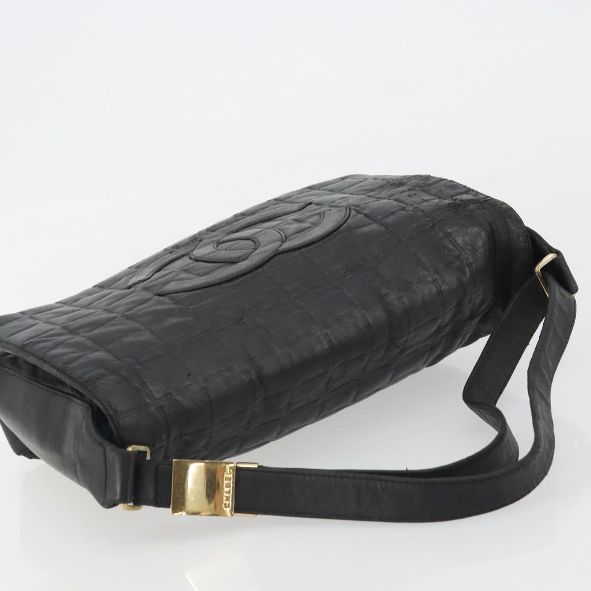 CHANEL Choco Bar Line Shoulder Bag Leather Black Silver CC Auth mr2705