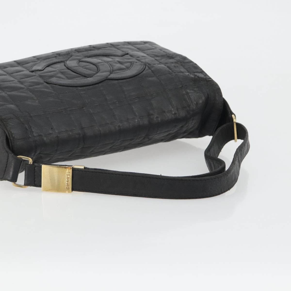 CHANEL Choco Bar Line Shoulder Bag Leather Black Silver CC Auth mr2705