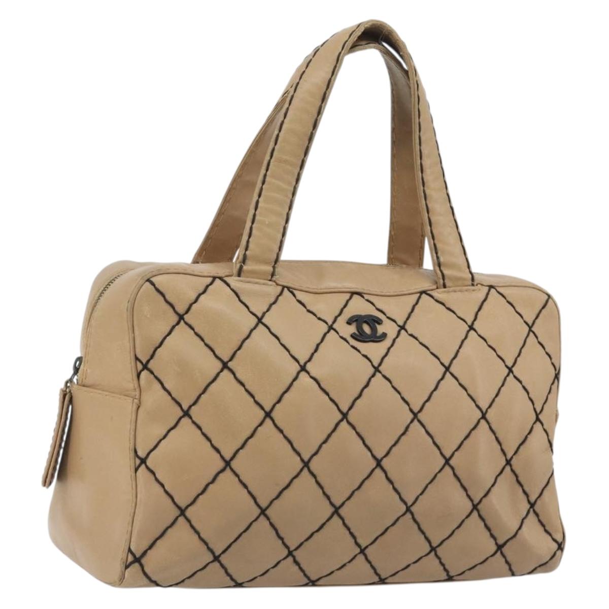 CHANEL Wild Stitch Hand Bag Leather Perfo Beige Gold CC Auth mr2706
