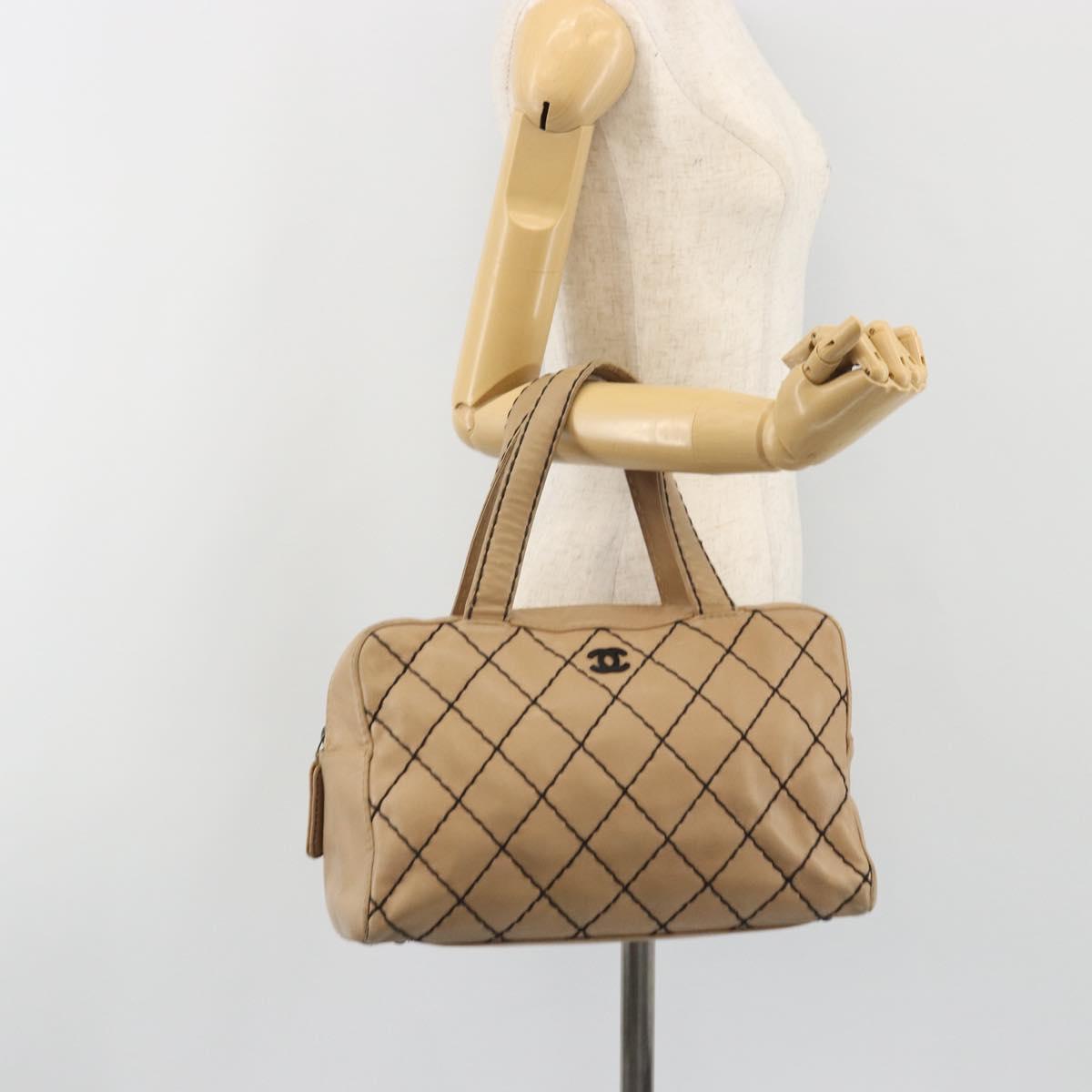 CHANEL Wild Stitch Hand Bag Leather Perfo Beige Gold CC Auth mr2706