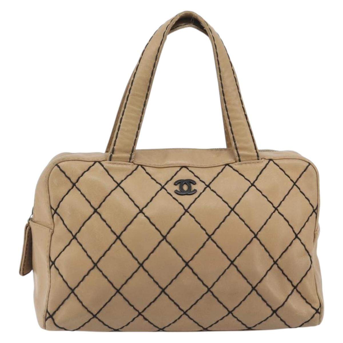 CHANEL Wild Stitch Hand Bag Leather Perfo Beige Gold CC Auth mr2706