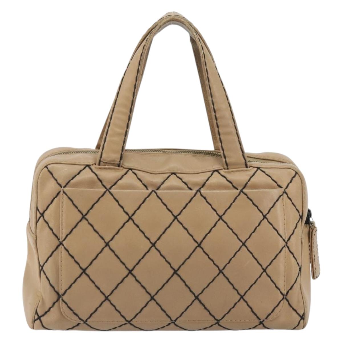 CHANEL Wild Stitch Hand Bag Leather Perfo Beige Gold CC Auth mr2706