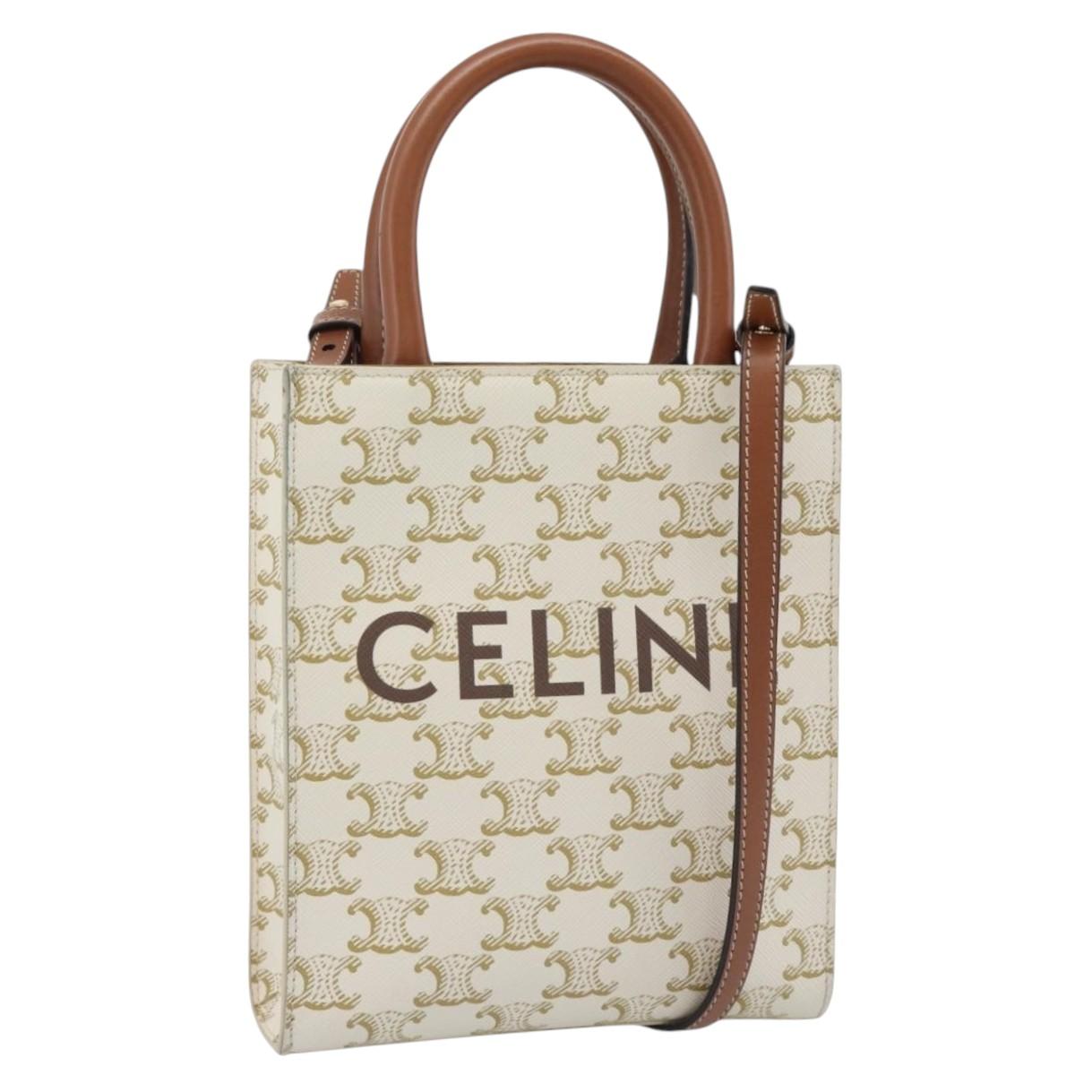 CELINE Triomphe Vertical Cabas Mini Bag Leather 2way Beige Gold Auth mr2709V