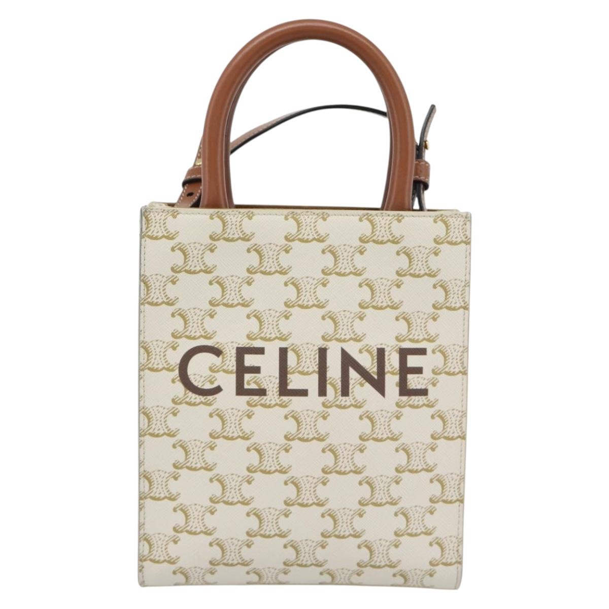CELINE Triomphe Vertical Cabas Mini Bag Leather 2way Beige Gold Auth mr2709V