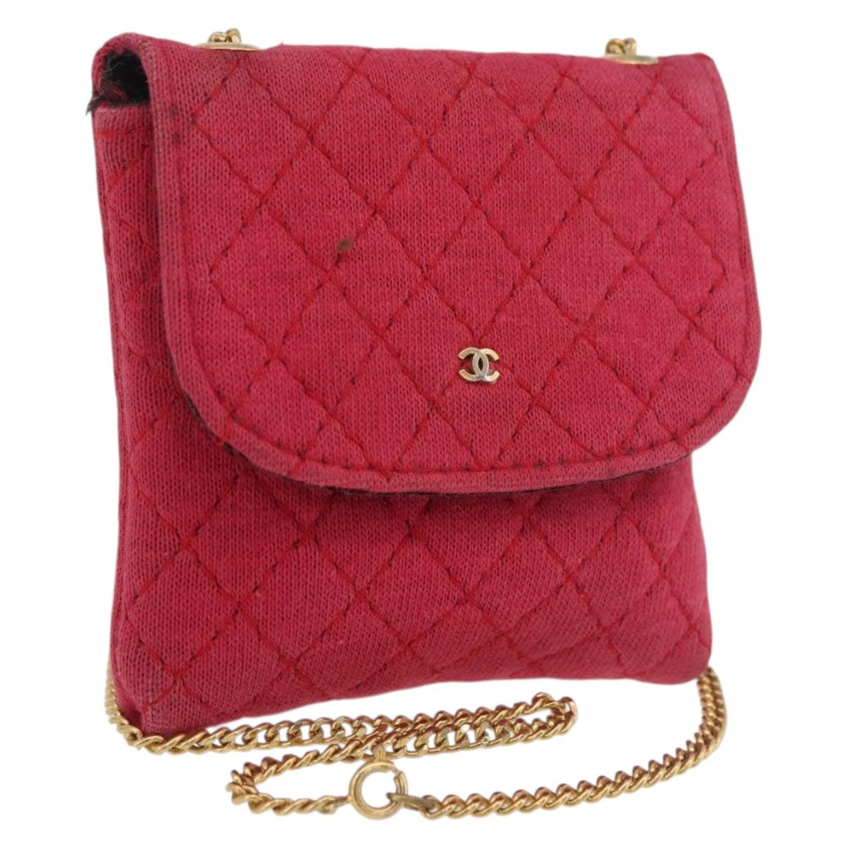 CHANEL Chain Pouch Cotton Pink Gold CC Auth mr2713