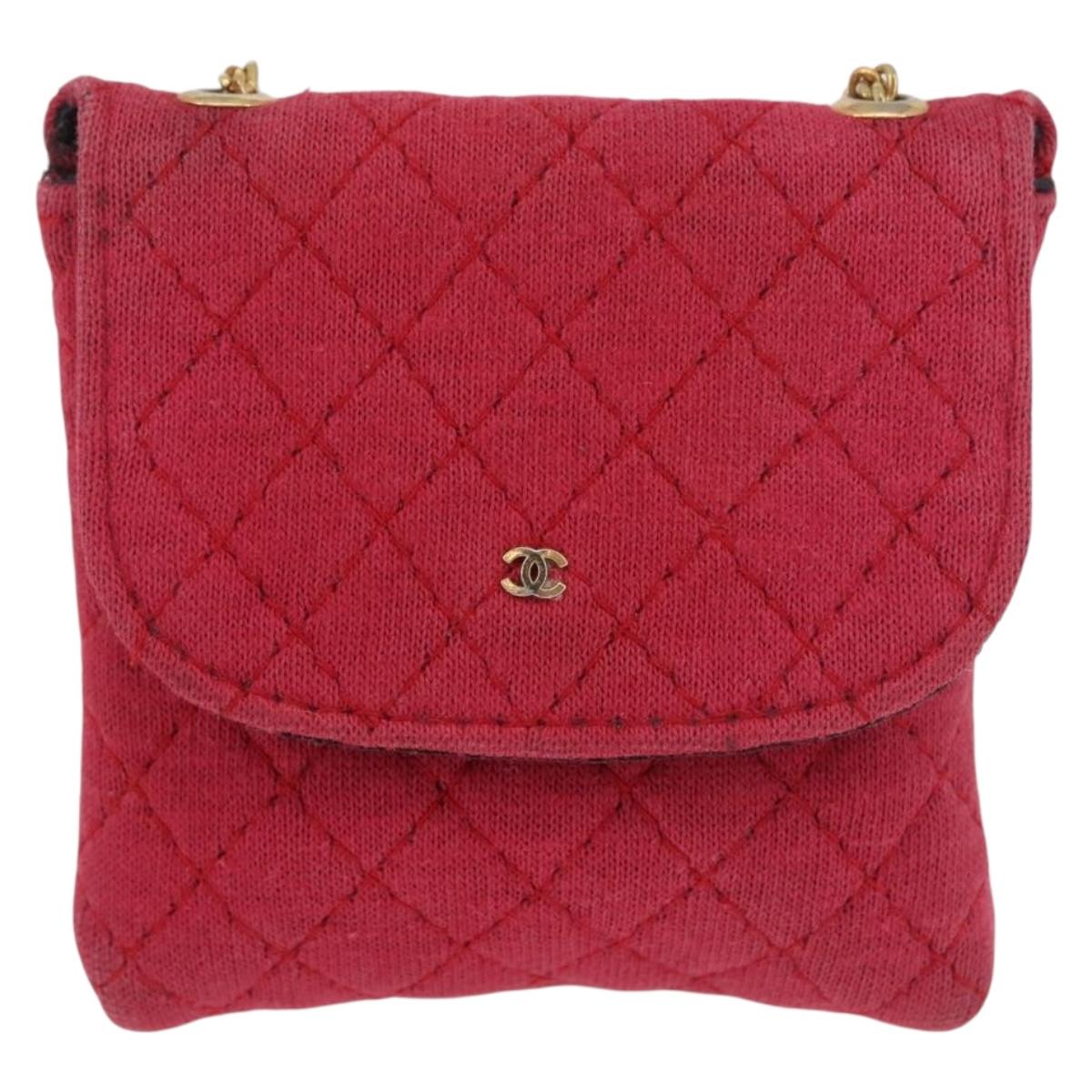 CHANEL Chain Pouch Cotton Pink Gold CC Auth mr2713
