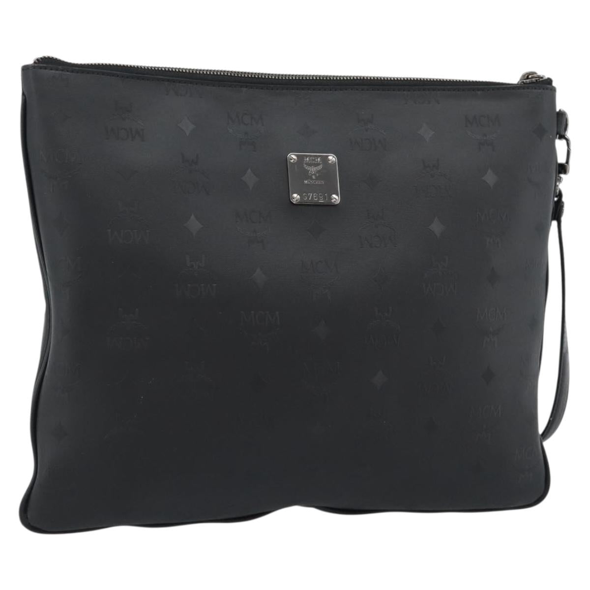 MCM Vicetos Logogram Clutch Bag Leather PVC Black Silver Auth mr2715