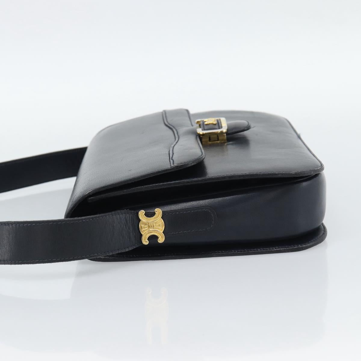 CELINE Shoulder Bag Leather Navy Gold Auth mr2716