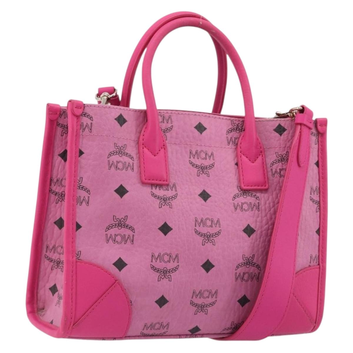 MCM Vicetos Logogram Hand Bag PVC Leather 2way Pink Gold Auth mr2718A