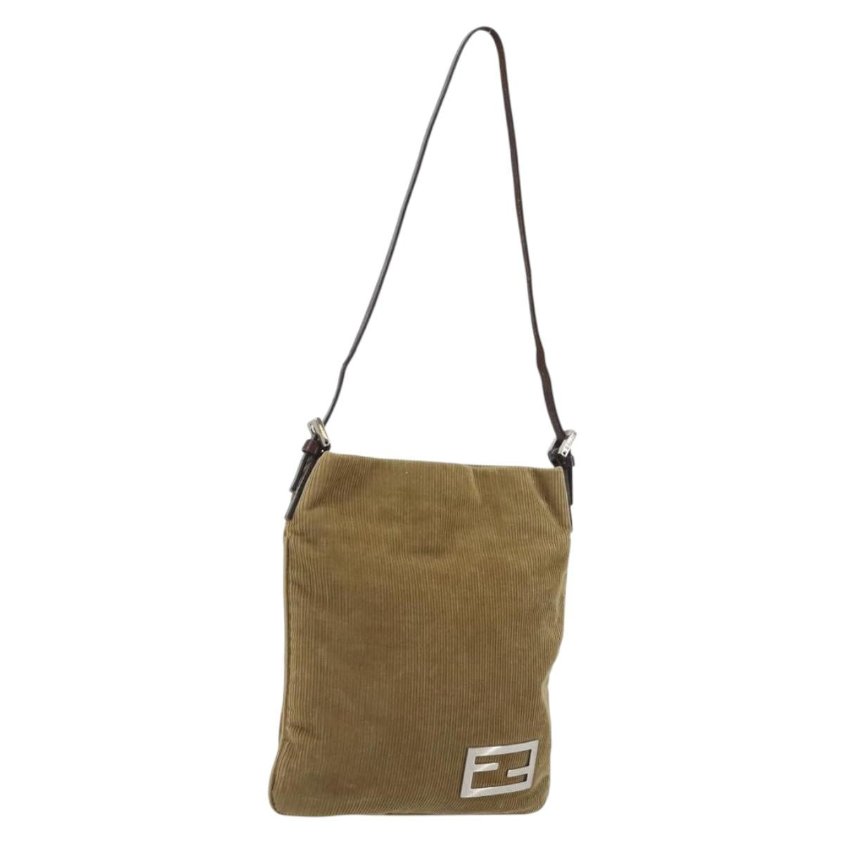 FENDI Shoulder Bag Corduroy Beige Silver Auth mr2721