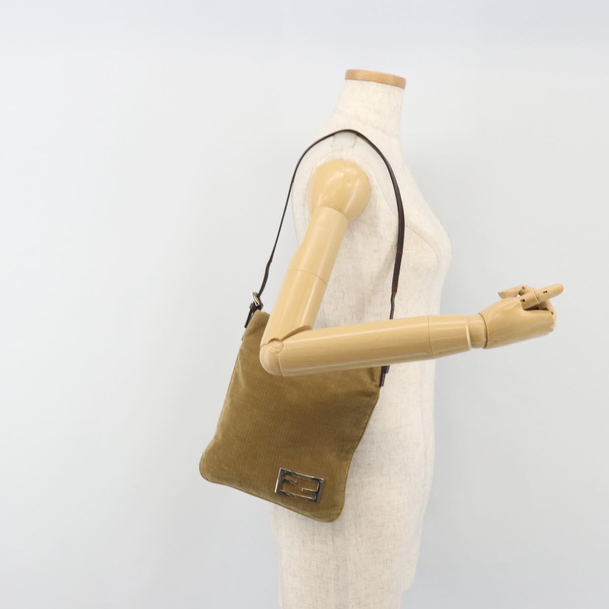 FENDI Shoulder Bag Corduroy Beige Silver Auth mr2721