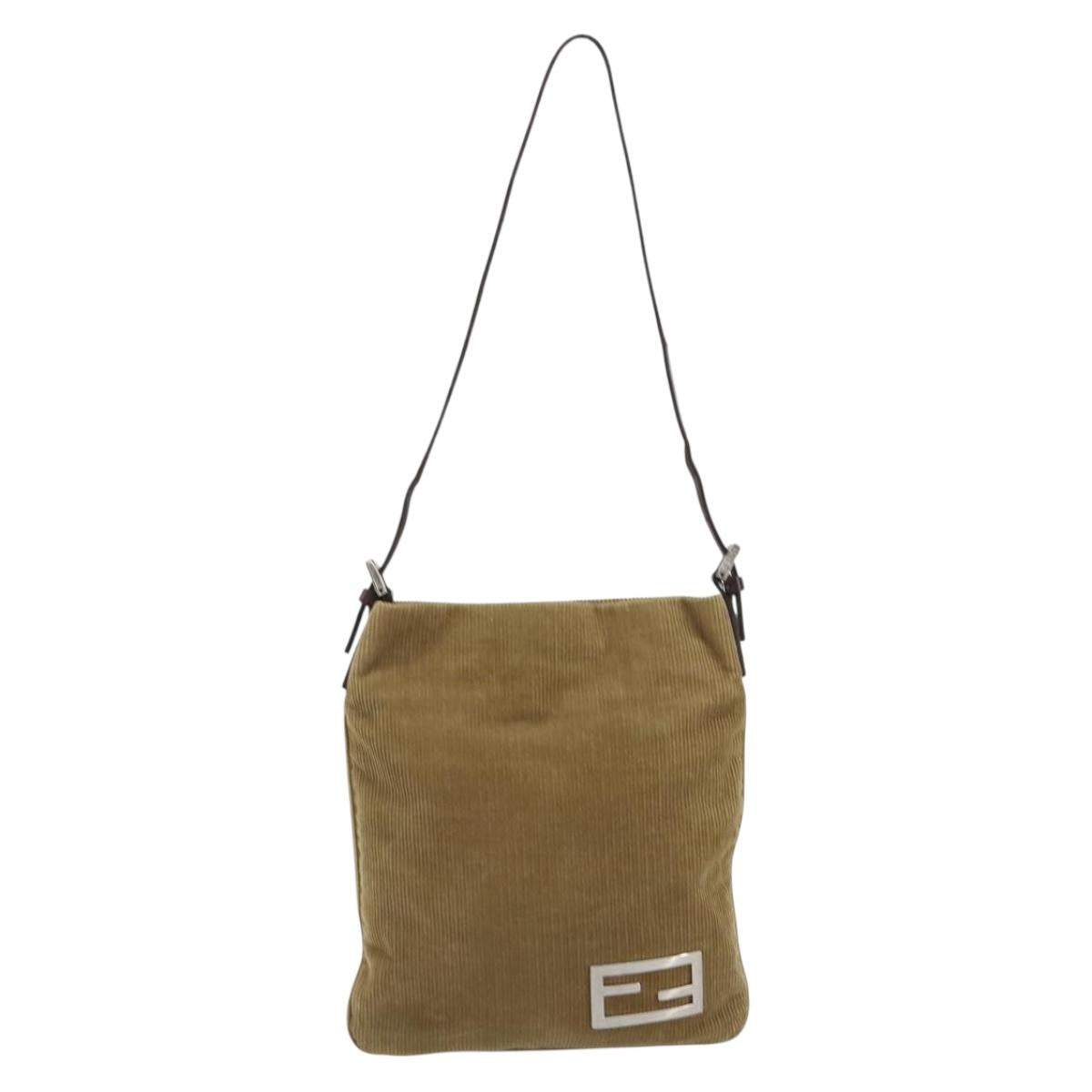 FENDI Shoulder Bag Corduroy Beige Silver Auth mr2721