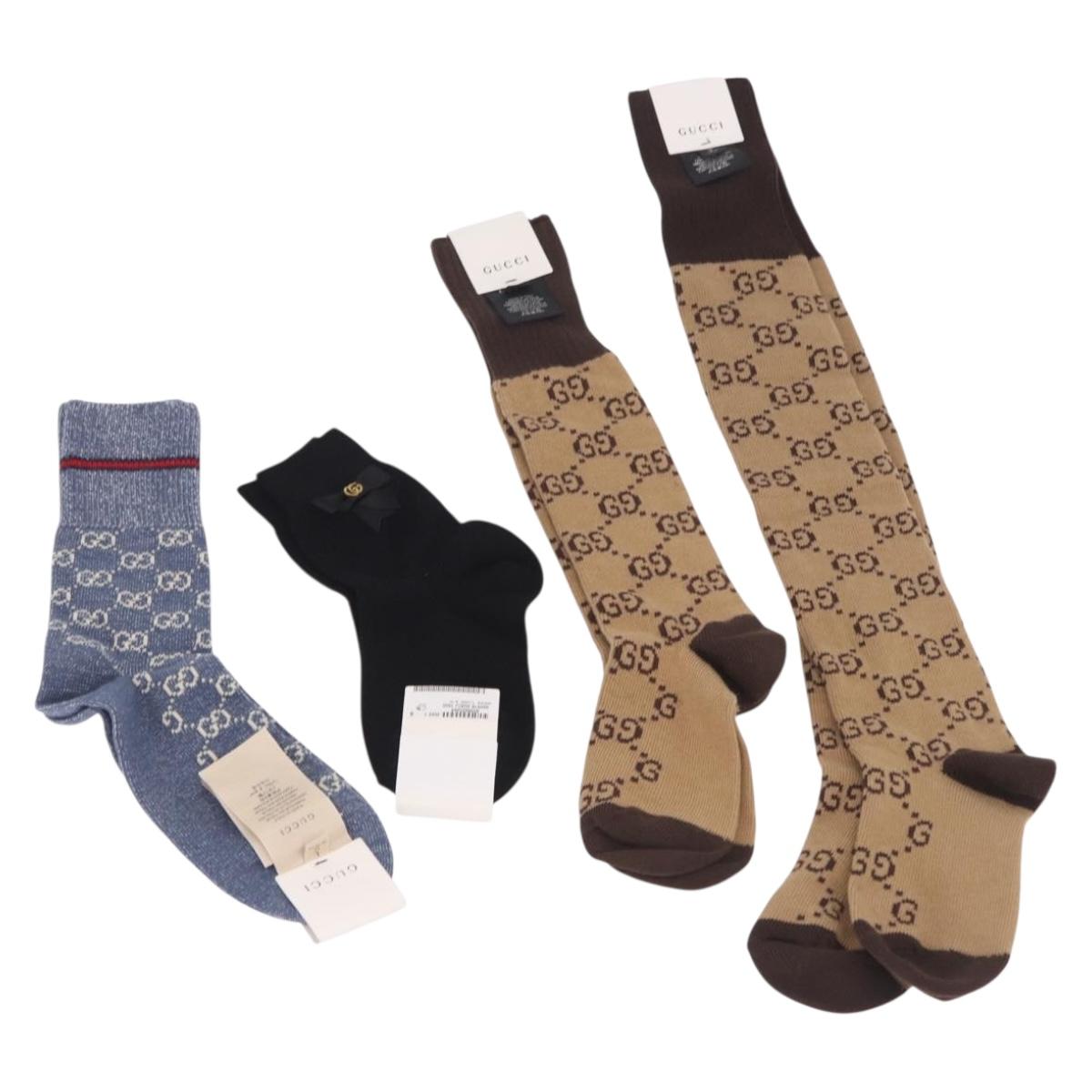 GUCCI Socks Cotton Set of 4 Pairs Beige Brown Navy Auth mr2726