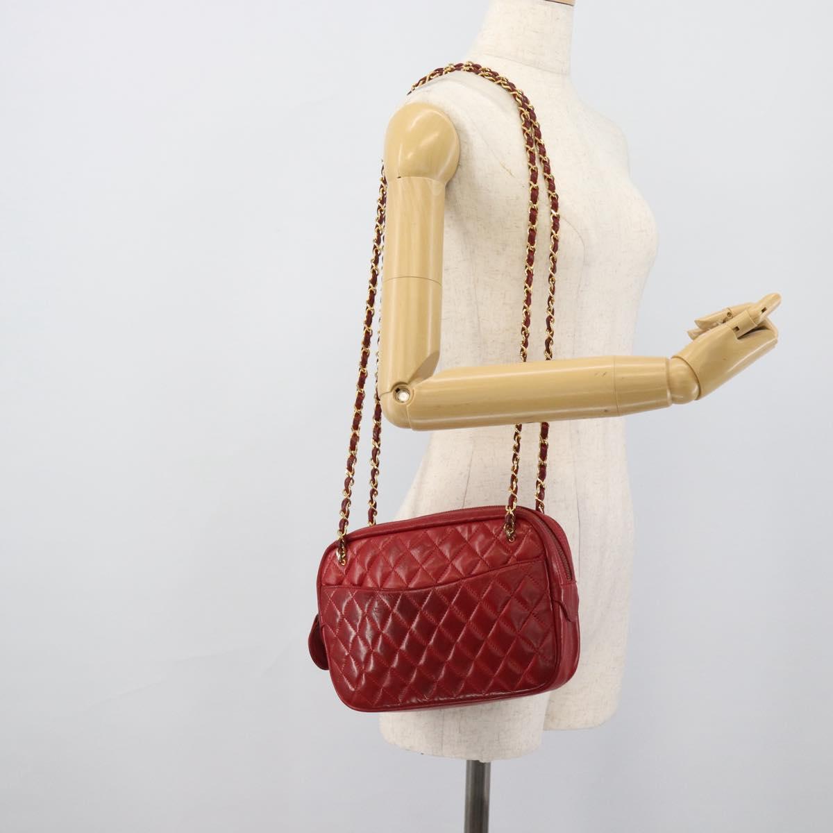 CHANEL Matelasse Chain Shoulder Bag Leather Red Gold CC Auth mr2729