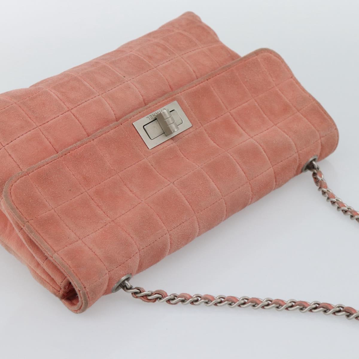 CHANEL Choco Bar 2.55 Chain Shoulder Bag Suede Pink Silver CC Auth mr2730