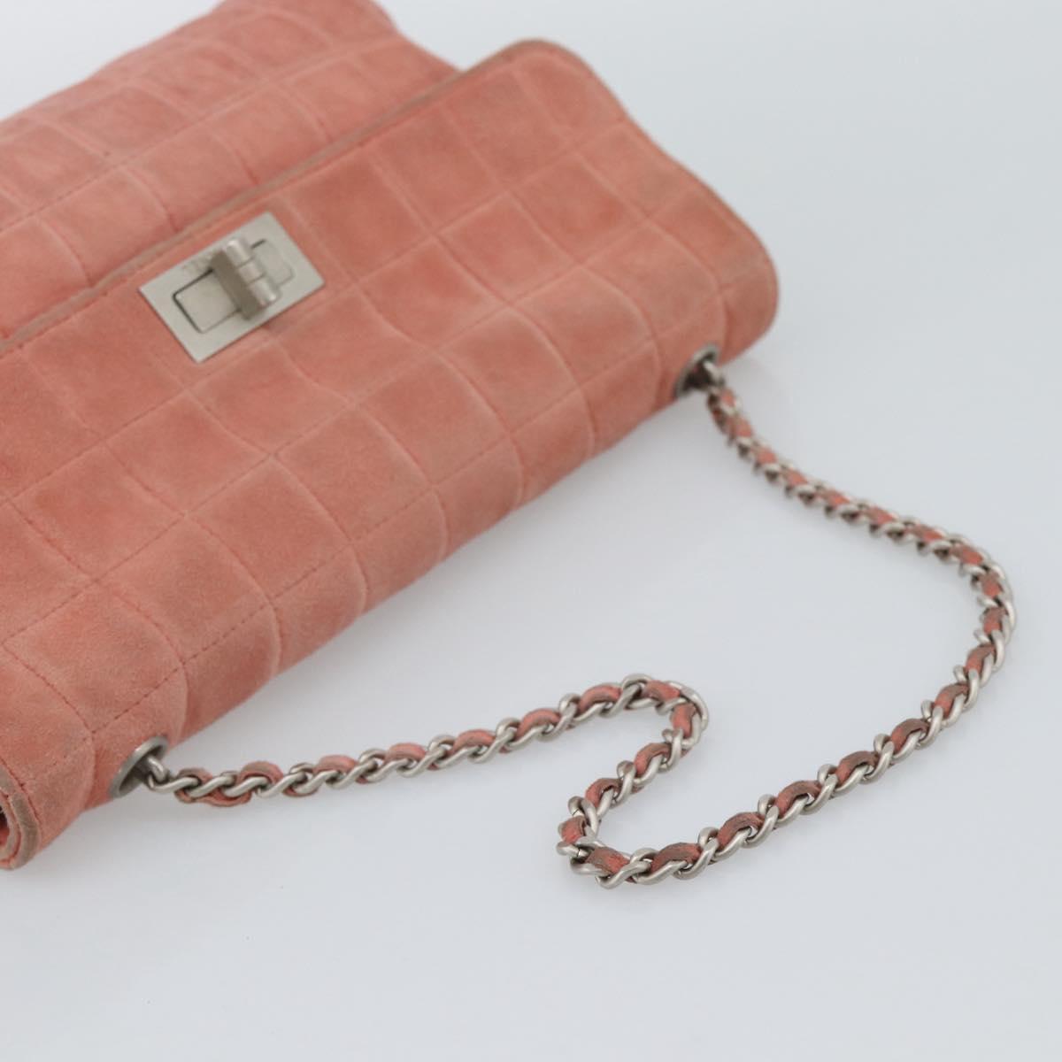 CHANEL Choco Bar 2.55 Chain Shoulder Bag Suede Pink Silver CC Auth mr2730