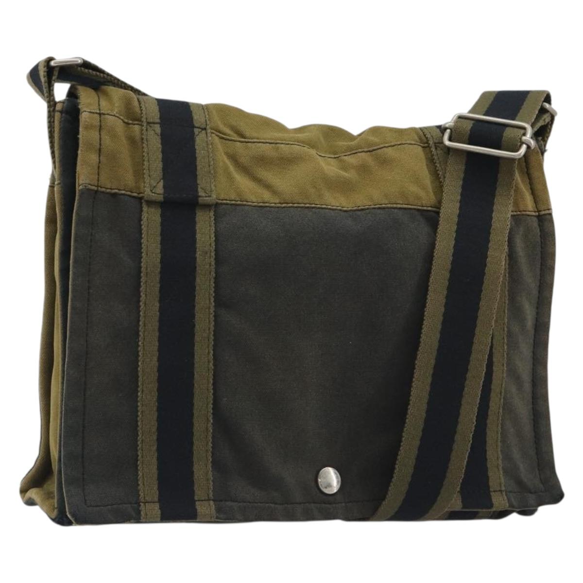 HERMES Bassus PM Shoulder Bag Canvas Khaki Silver Auth mr2731
