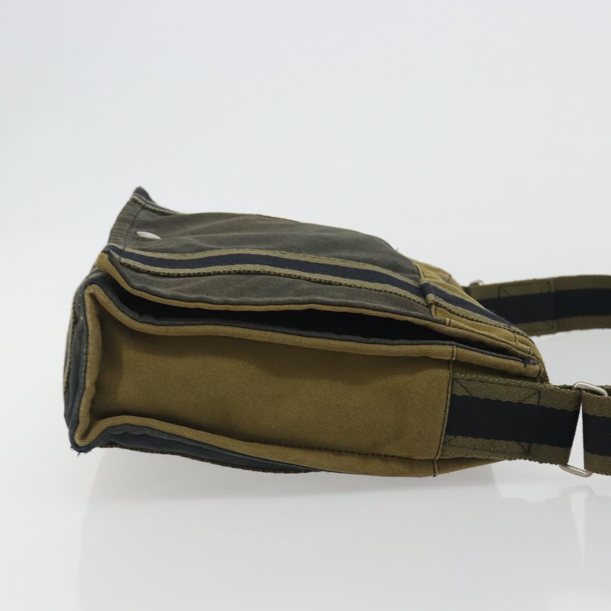 HERMES Bassus PM Shoulder Bag Canvas Khaki Silver Auth mr2731