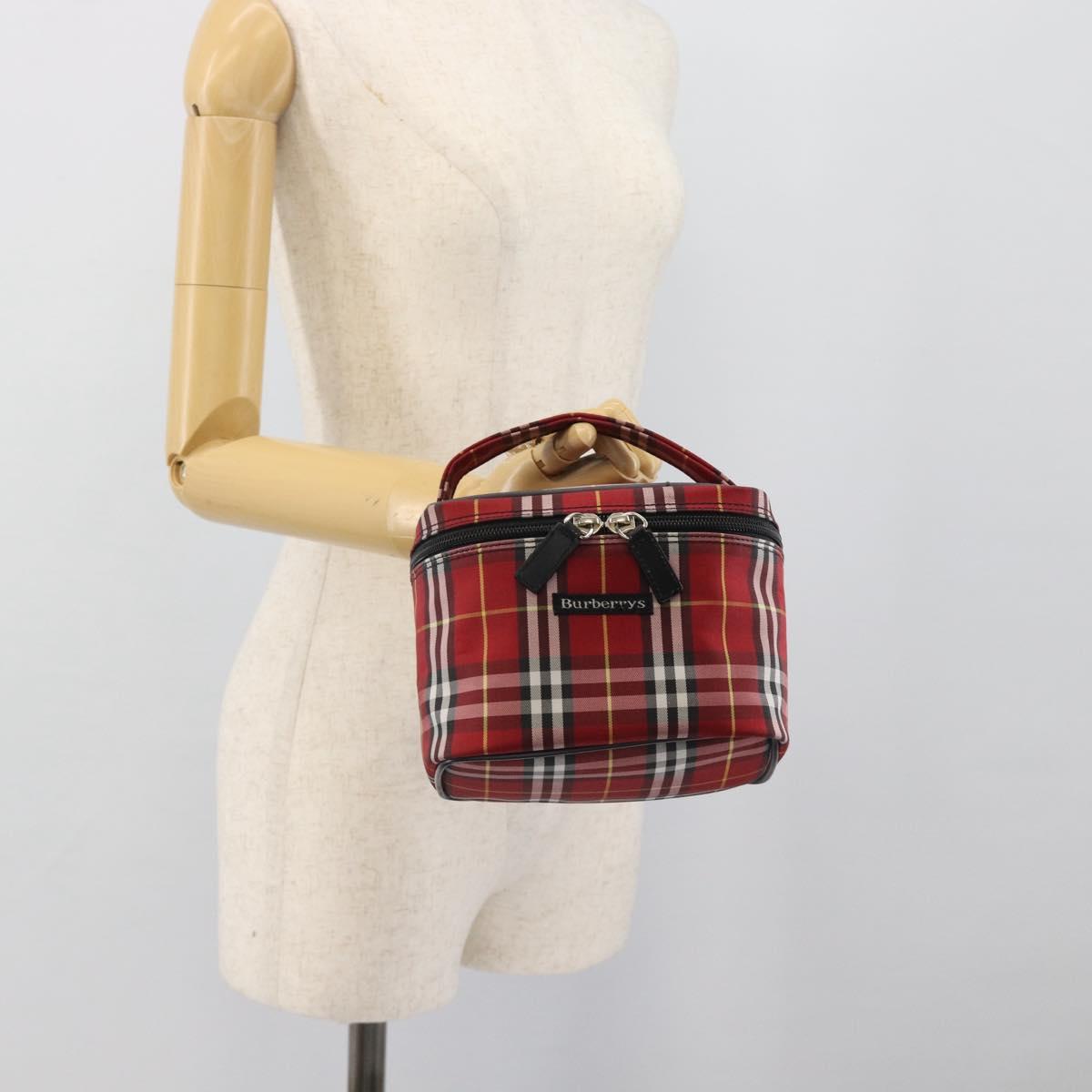 Burberrys Nova Check Vanity Hand Bag Canvas Red Silver Auth mr2736